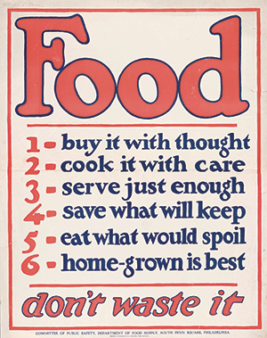 This World War I–era poster created by the Pennsylvania Committee of Public Safety, Department of Food Supply, remains relevant today. (Image courtesy of the USDA National Agricultural Library) 