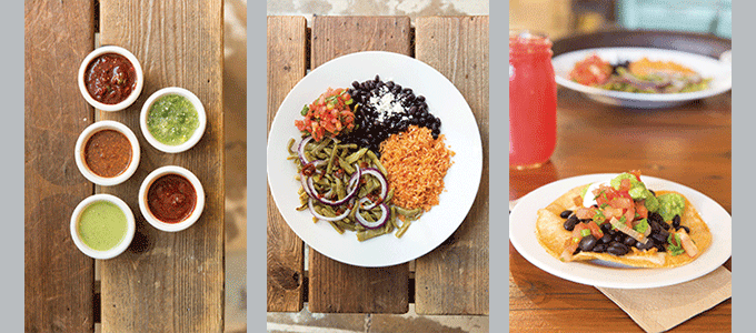 Cancún’s crispy tacos (right) are popular, as are dishes featuring nopal (cactus), which is the green vegetable on the plate in the center. Cancún’s unfussy fare gets a flavor boost from the salsa bar, featuring options from sweetly mild to fiery hot (left)