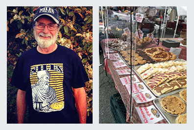 Niles Pie Co. offers a special Pi Day t-shirt designed by Dave Longey and modeled here by Ron Warnecke. Right: The Niles Pie Co. stand at the Niles Farmers' Market in Fremont. Photos courtesy of Niles Pie Co.