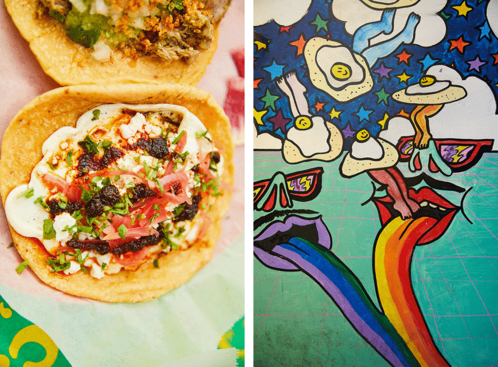 At Tacos Oscar, a fried egg taco sidles up to one with the famous pork chile verde. You’ll find more fried egg taco action on a mural in the Tacos Oscar restroom, where El Paso–based artist Jesse Lortz visualized them in a psychedelic dining event.