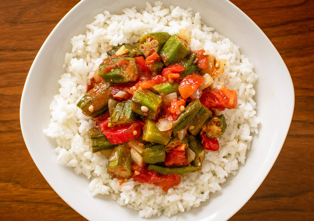 Okra and Tomatoes with Steamed Rice